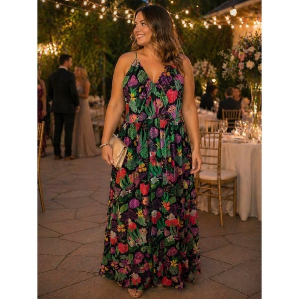 NWT Betsey Johnson Paulina Halter Maxi Dress Tropical Jungle Print XXL - Picture 1 of 12